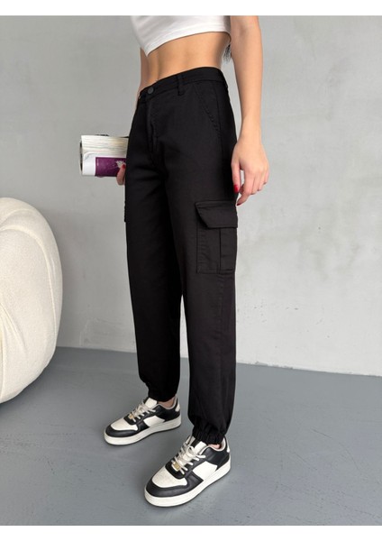Kadın Yüksek Bel Paçası Lastikli Jogger Kargo Cep Pantolon
