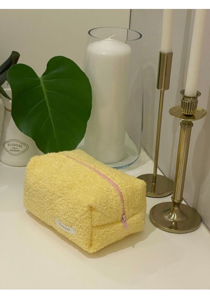 Sarı Havlu Kumaş Düzenleyici Kozmetik Makyaj Çantası Büyük Boy Ölçüler 20X10X10