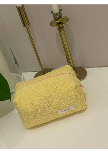 Sarı Havlu Kumaş Düzenleyici Kozmetik Makyaj Çantası Büyük Boy Ölçüler 20X10X10