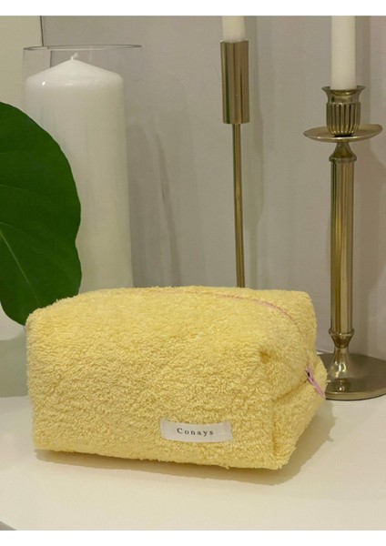 Sarı Havlu Kumaş Düzenleyici Kozmetik Makyaj Çantası Büyük Boy Ölçüler 20X10X10