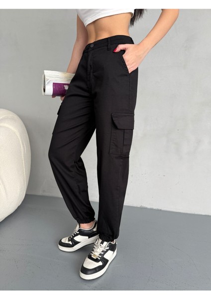 Kadın Yüksek Bel Paçası Lastikli Jogger Kargo Cep Pantolon
