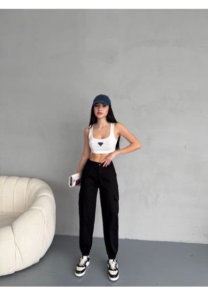 Kadın Yüksek Bel Paçası Lastikli Jogger Kargo Cep Pantolon