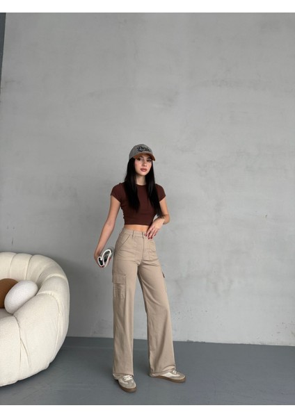 Kadın Kargo Straight Fit Yüksek Bel Geniş Paça Pantolon indirimleri