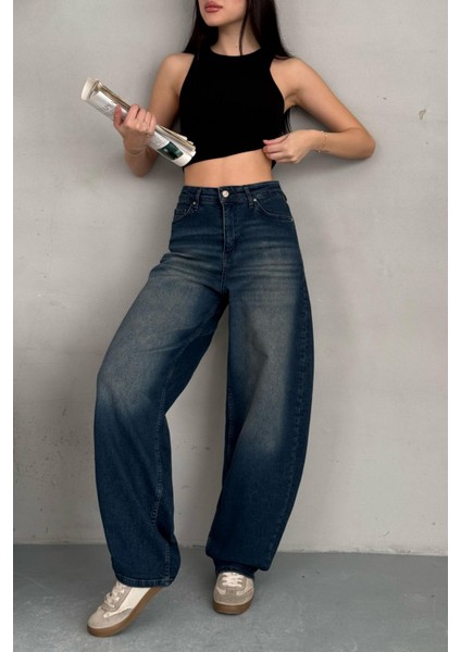 Kadın Soluk Efektli Bol Kesim Rahat Geniş Paça Baggy Jean
