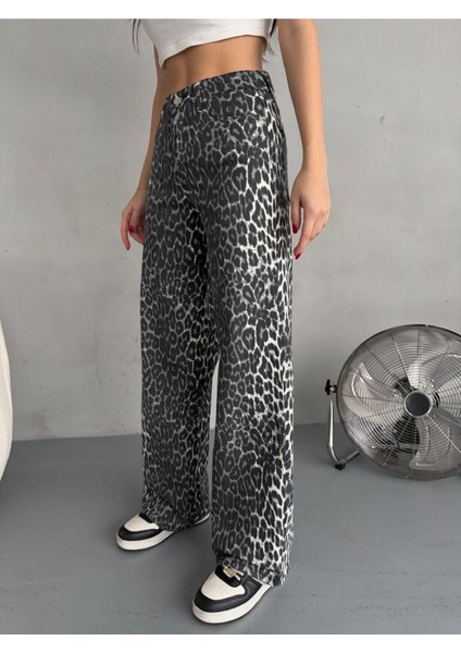 Kadın Leopar Desen Yüksek Bel Likralı Wide Leg Pantolon