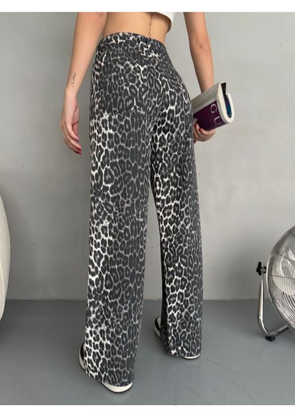 Kadın Leopar Desen Yüksek Bel Likralı Wide Leg Pantolon