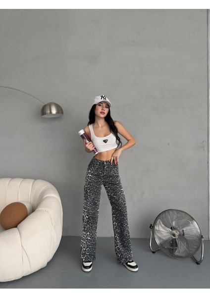 Kadın Leopar Desen Yüksek Bel Likralı Wide Leg Pantolon