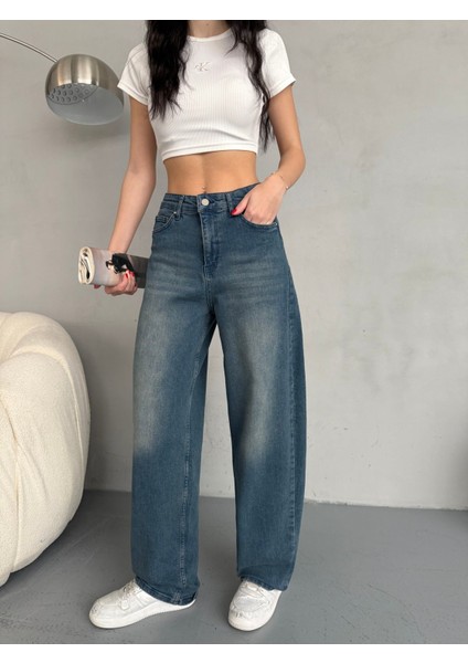 Kadın Soluk Efektli Bol Kesim Rahat Geniş Paça Baggy Jean