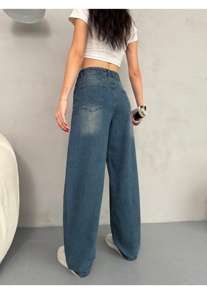 Kadın Soluk Efektli Bol Kesim Rahat Geniş Paça Baggy Jean