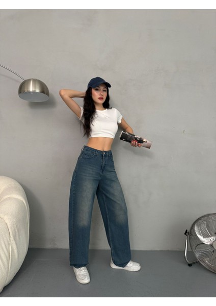 Kadın Soluk Efektli Bol Kesim Rahat Geniş Paça Baggy Jean