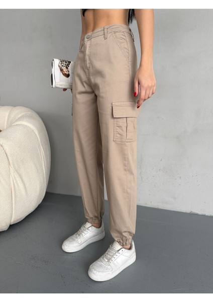 Kadın Yüksek Bel Paçası Lastikli Jogger Kargo Cep Pantolon