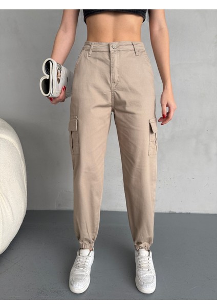 Kadın Yüksek Bel Paçası Lastikli Jogger Kargo Cep Pantolon
