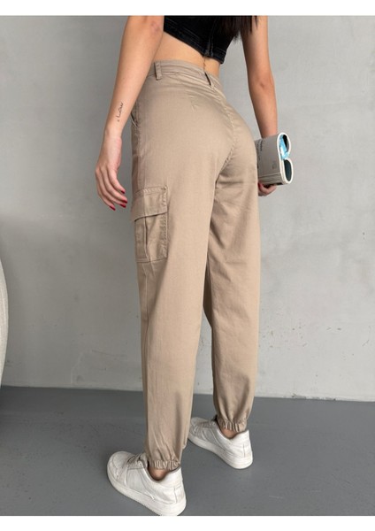 Kadın Yüksek Bel Paçası Lastikli Jogger Kargo Cep Pantolon