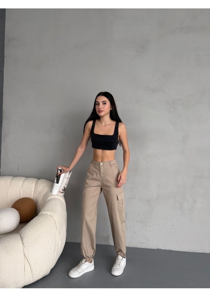 Kadın Yüksek Bel Paçası Lastikli Jogger Kargo Cep Pantolon