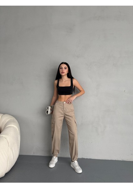 Kadın Yüksek Bel Paçası Lastikli Jogger Kargo Cep Pantolon