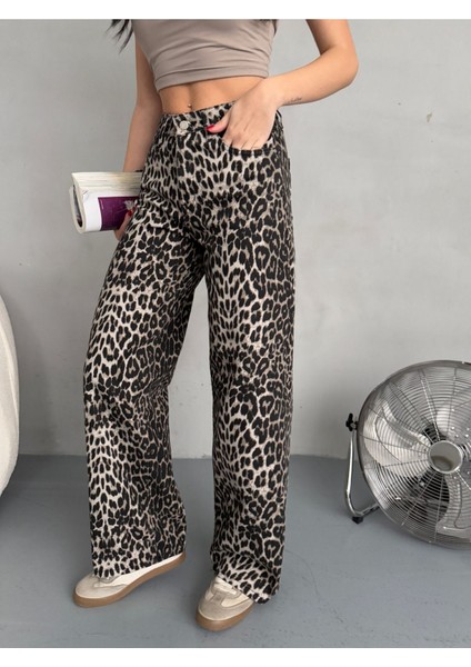 Kadın Leopar Desen Yüksek Bel Likralı Wide Leg Pantolon