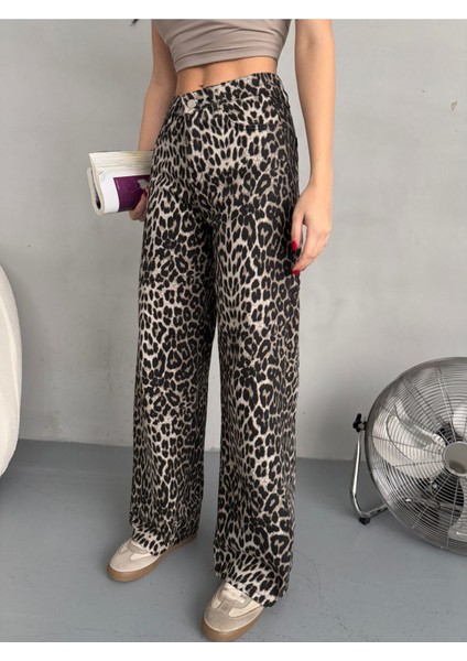 Kadın Leopar Desen Yüksek Bel Likralı Wide Leg Pantolon