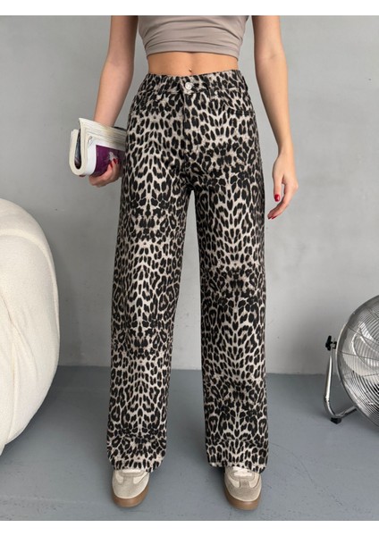Kadın Leopar Desen Yüksek Bel Likralı Wide Leg Pantolon