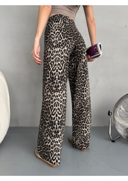 Kadın Leopar Desen Yüksek Bel Likralı Wide Leg Pantolon