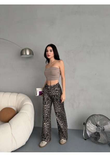 Kadın Leopar Desen Yüksek Bel Likralı Wide Leg Pantolon