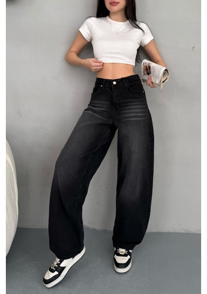 Kadın Soluk Efektli Bol Kesim Rahat Geniş Paça Baggy Jean