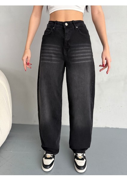 Kadın Soluk Efektli Bol Kesim Rahat Geniş Paça Baggy Jean