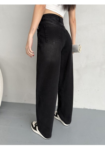 Kadın Soluk Efektli Bol Kesim Rahat Geniş Paça Baggy Jean