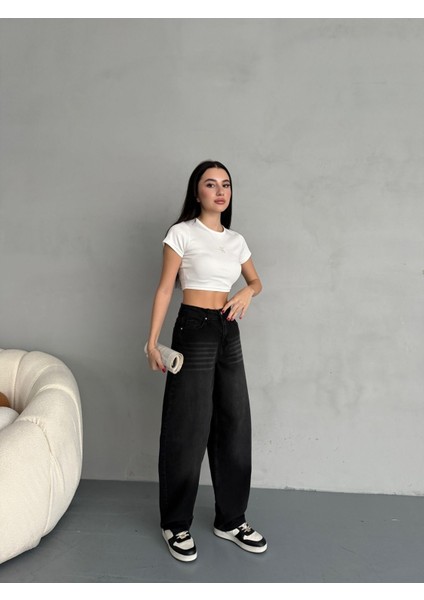 Kadın Soluk Efektli Bol Kesim Rahat Geniş Paça Baggy Jean