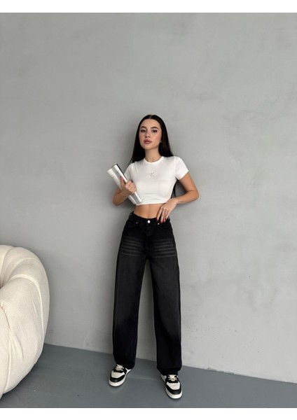 Kadın Soluk Efektli Bol Kesim Rahat Geniş Paça Baggy Jean