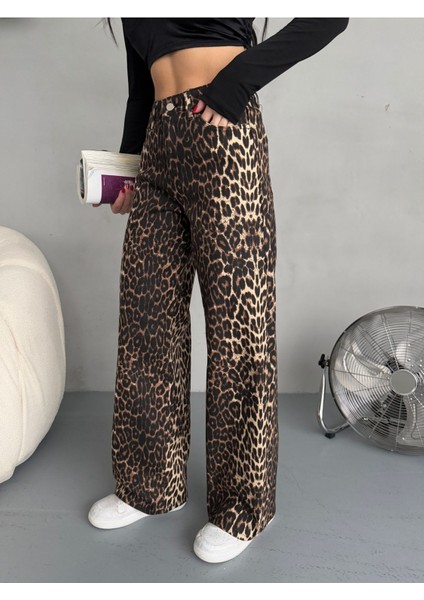 Kadın Leopar Desen Yüksek Bel Likralı Wide Leg Pantolon