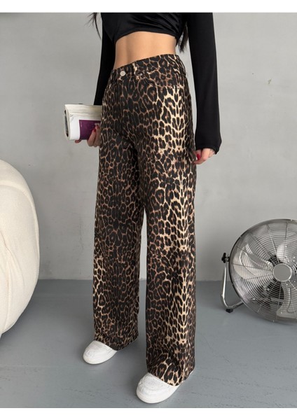 Kadın Leopar Desen Yüksek Bel Likralı Wide Leg Pantolon