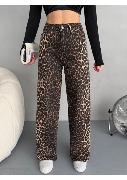 Kadın Leopar Desen Yüksek Bel Likralı Wide Leg Pantolon