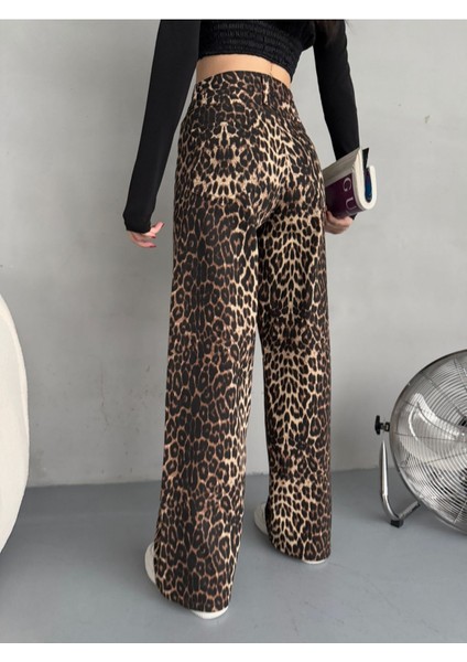Kadın Leopar Desen Yüksek Bel Likralı Wide Leg Pantolon