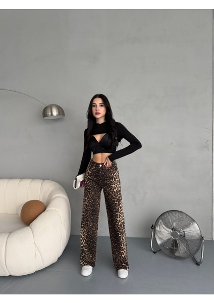 Kadın Leopar Desen Yüksek Bel Likralı Wide Leg Pantolon