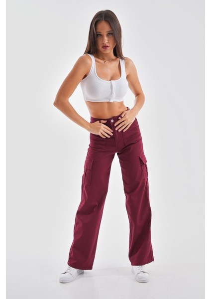 Kadın Kargo Straight Fit Yüksek Bel Geniş Paça Pantolon