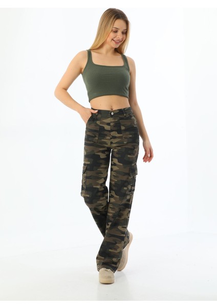 Kadın Kargo Straight Fit Yüksek Bel Geniş Paça Pantolon