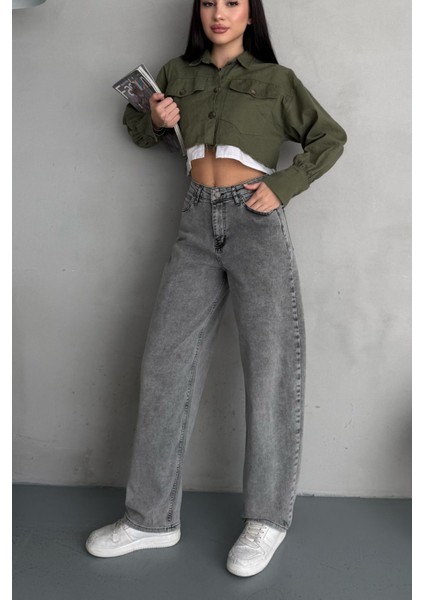 Kadın Soluk Efektli Bol Kesim Rahat Geniş Paça Baggy Jean