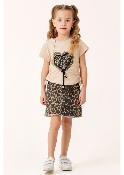 Kalp Leopar Desenli Kız Çocuk takım - Bej