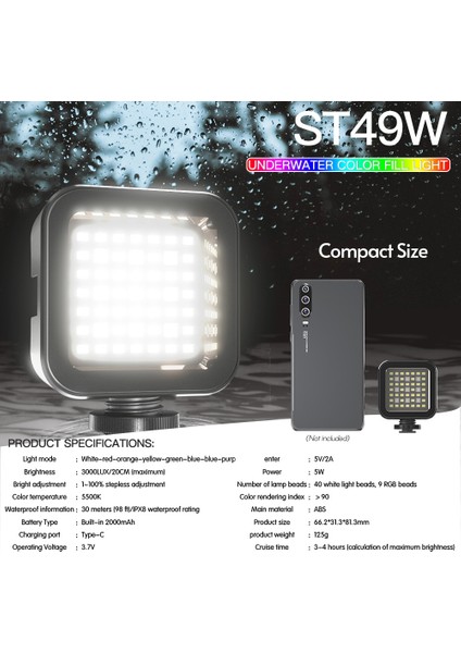 30M Suya Dalı Rgb LED Video Işığı 5500K Renkli Parlaklık Ayarı (Yurt Dışından)