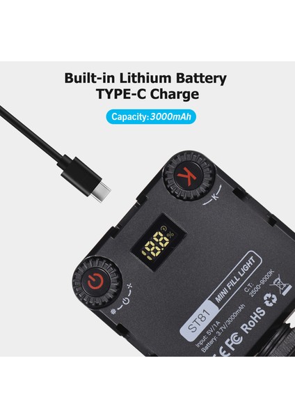 ST81 Cepte Şarj Edilebilir LED Video Işığı 2500K - 9000K Iki Renkli Aydınlatma Seviyesi Ayarlanabilir CRI95+ (Yurt Dışından)