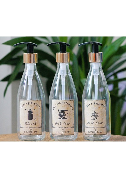 3lü Set Vintage Boş Suya Dayanıklı Etiket Cam Şişe Bulaşık Deterjanlık Çamaşır Suyu Sıvı Sabunluk 3X330ML