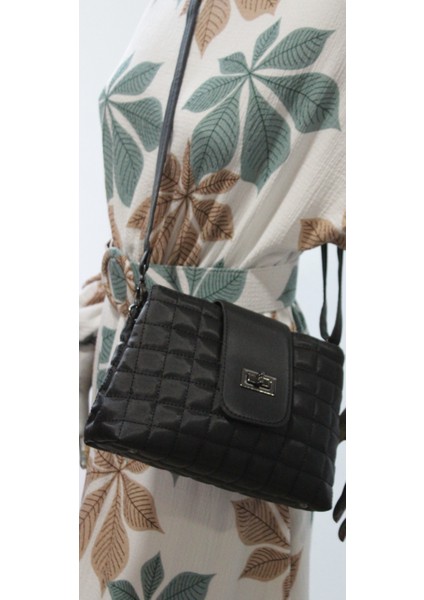 Kadın 25641 Kapitone 2 Gözlü Fermuarlı Düğmeli Askılı Kol Çantası