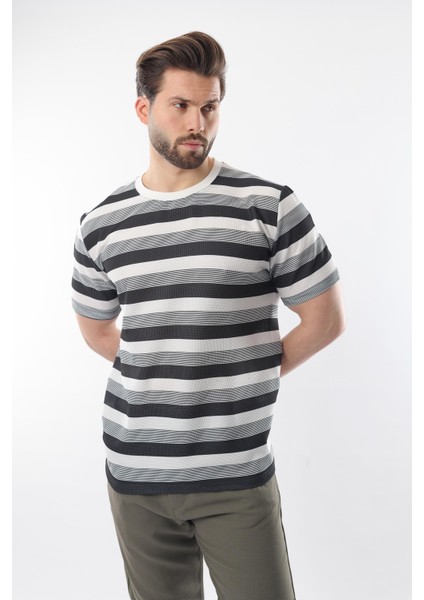 Siyah Bisiklet Yaka Çizgili Erkek T-Shirt E7118