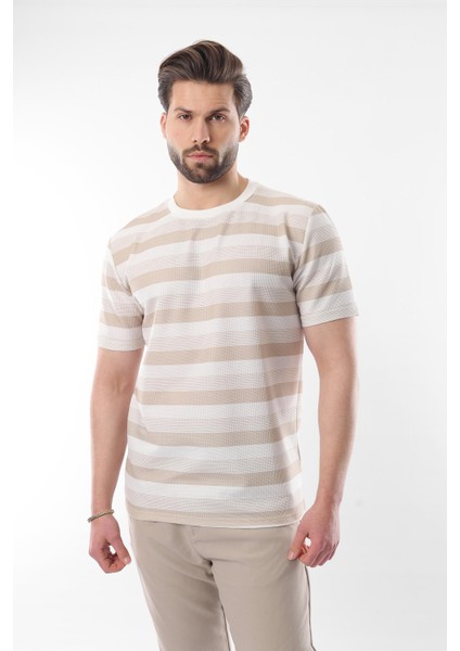 Bej Bisiklet Yaka Çizgili Erkek T-Shirt E7118