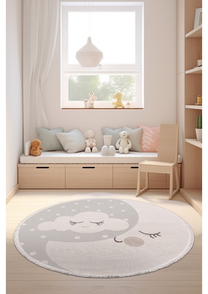 Ay ve Bulut Desenli Yuvarlak Çocuk Halısı – Dayanıklı, Kaymaz Pamuk Dokuma Tabanlı Halı (Oyun & Çocuk Odası İçin Uygun)
