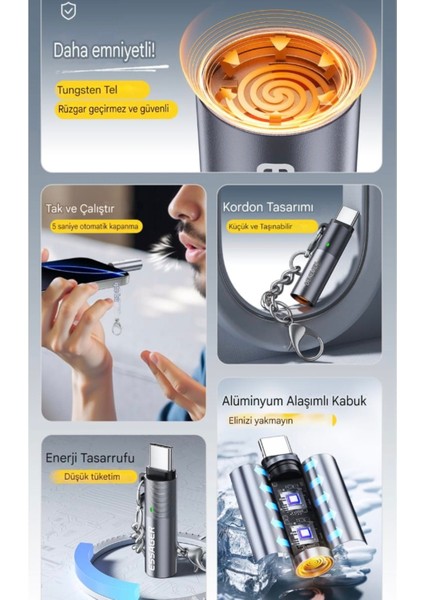 Alevsiz Sigara Çakmağı Otomatik Kapanma Type-C Girişli Minik Şık Metal StiL Ce+Rohs Sertifalı Güvenli