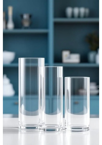 10 cm Genişlik -15,20,25 cm 3lü Silindir Set El Işçiliği Cam Vazo Akvaryum Dekor Dekoratif Obje Bohem