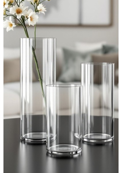 10 cm Genişlik -15,20,25 cm 3lü Silindir Set El Işçiliği Cam Vazo Akvaryum Dekor Dekoratif Obje Bohem fiyatları