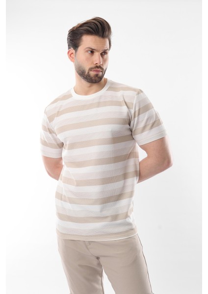 Bej Bisiklet Yaka Çizgili Erkek T-Shirt E7118 modelleri
