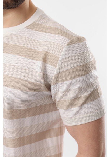 Bej Bisiklet Yaka Çizgili Erkek T-Shirt E7118 fırsatları